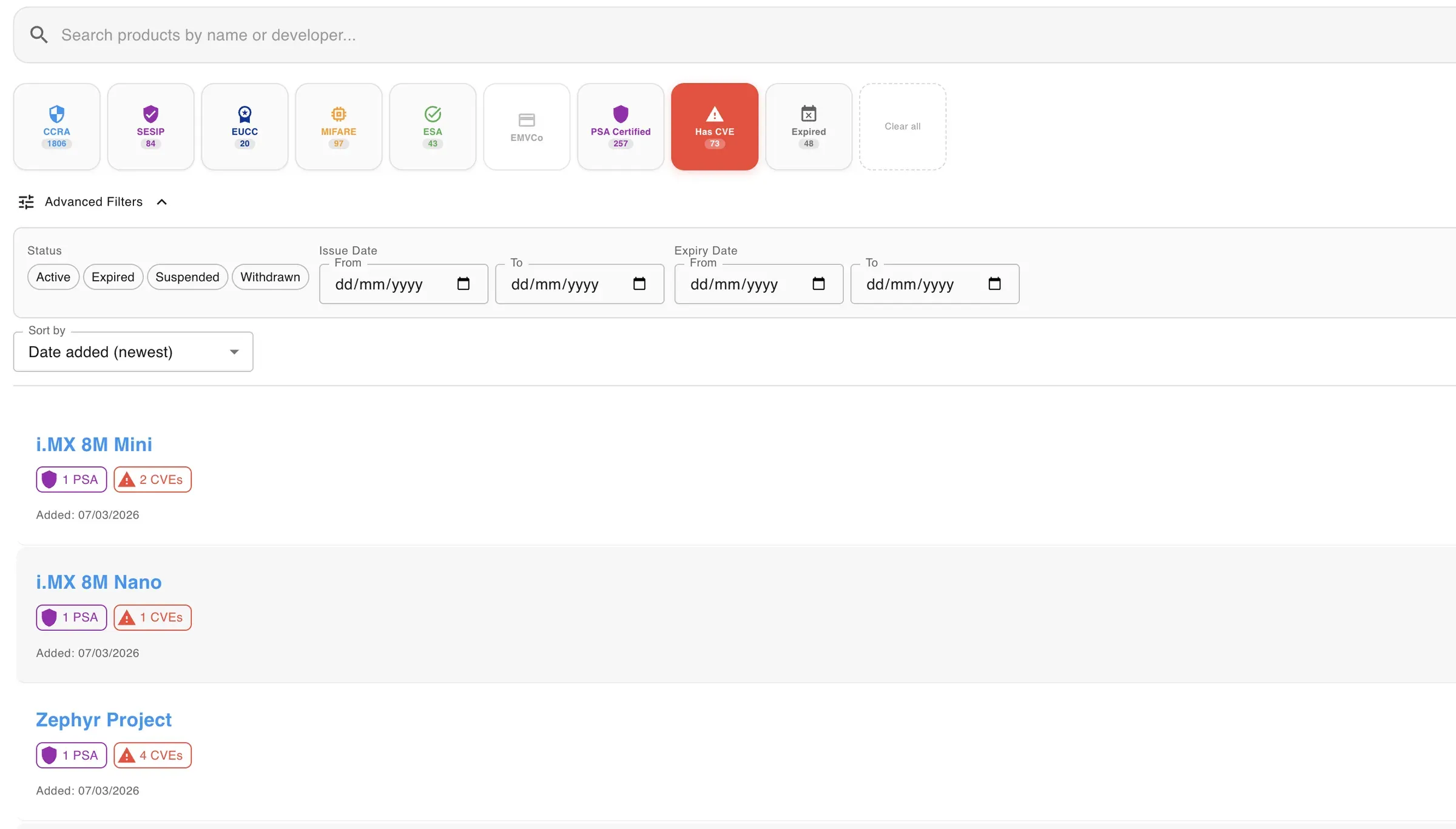 Product list filtered to certified products with published CVEs, showing i.MX 8M Mini, i.MX 8M Nano, and Zephyr Project with their CVE counts.