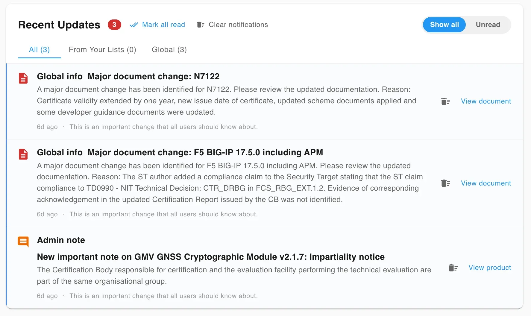 Recent Updates page listing major document changes and admin notes for certified products.