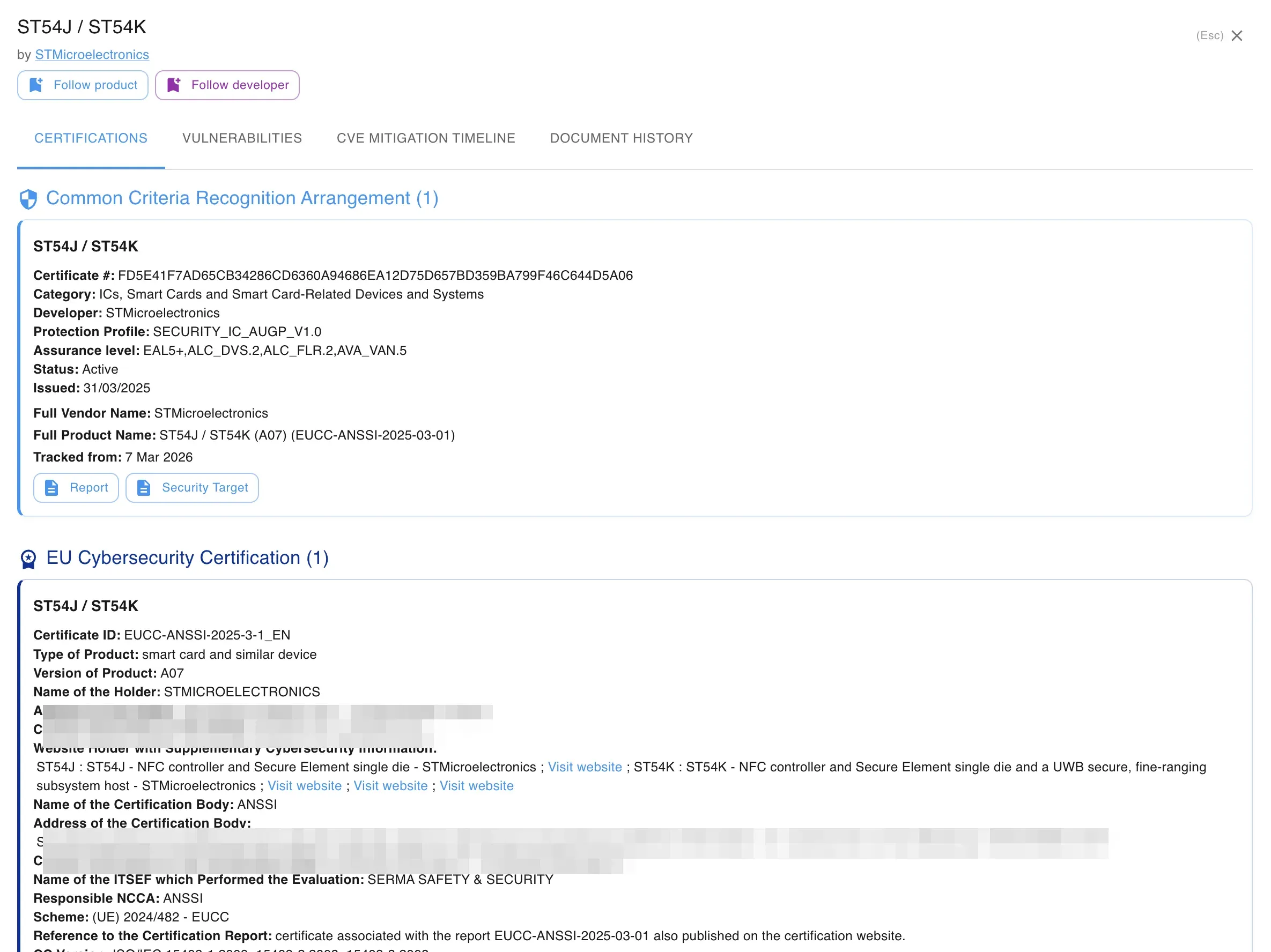 Detailed product view for the ST54J / ST54K chip showing Common Criteria and EU Cybersecurity Certification data side by side.
