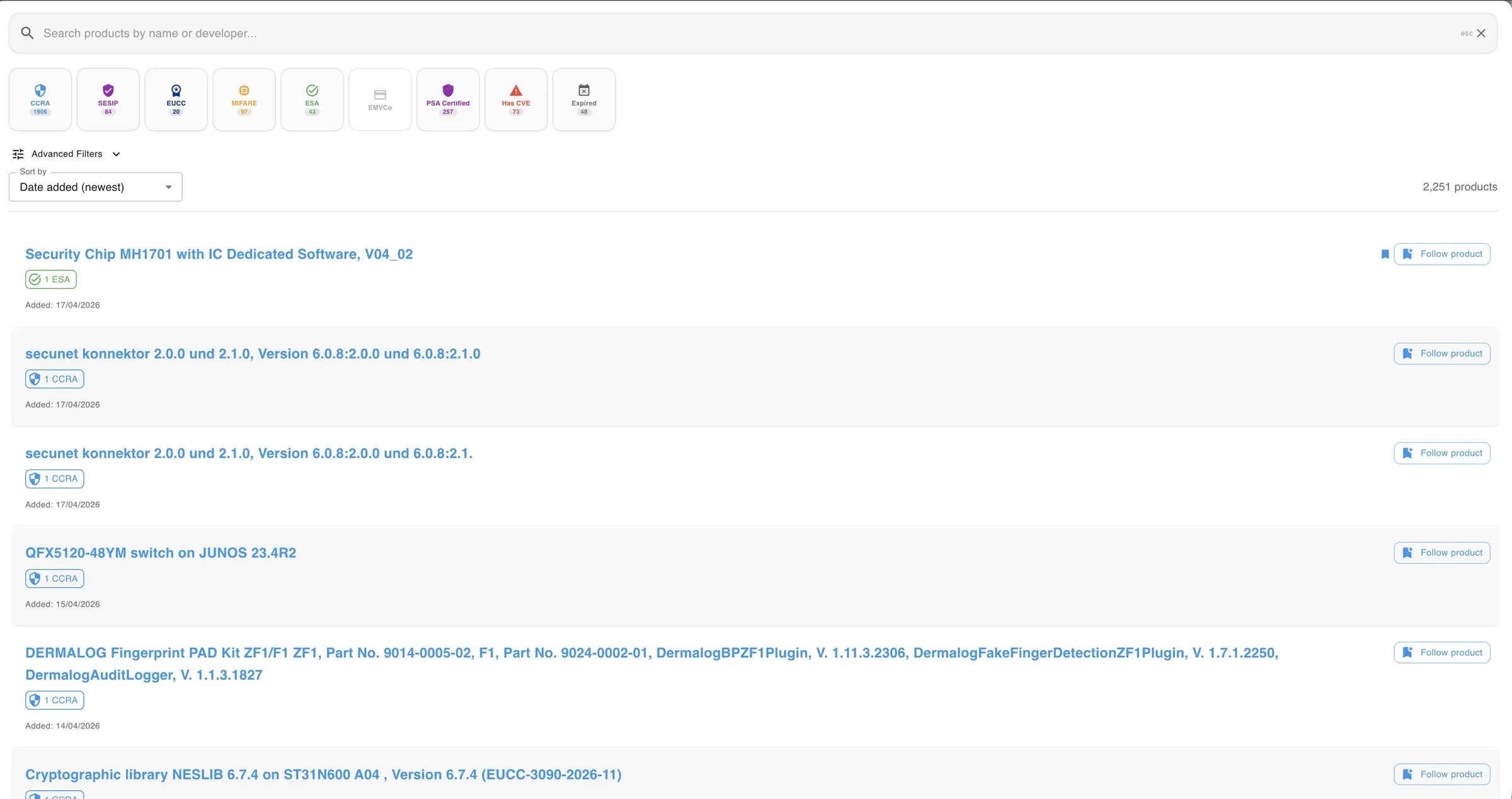 NenkinTracker product list showing 2,251 certified products with scheme filter chips for CCRA, SESIP, EUCC, MIFARE, ESA, PSA, and CVE status.